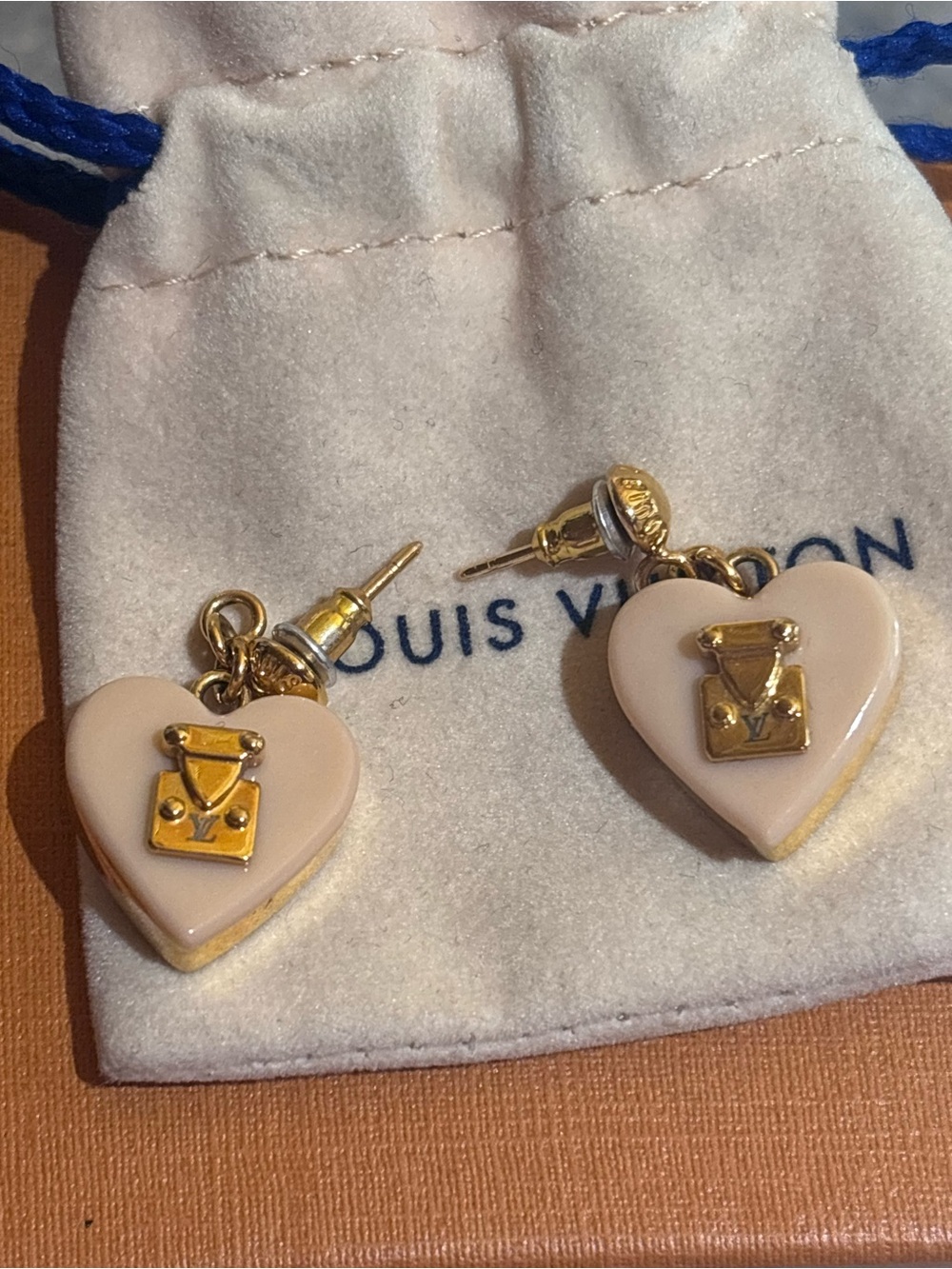 Louis Vuitton Beige Heart Logo Drop Earrings with Gold Accents